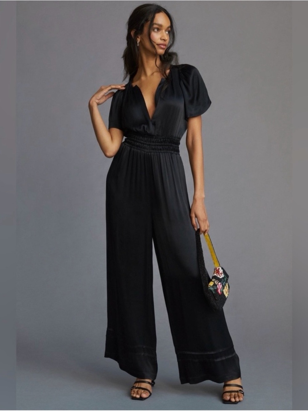 Anthropologie Somerset Black Satin V-Neck Smocked-Waist Wide-Leg Jumpsuit